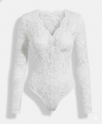 Women Lace Bodysuit Long Sleeve V-Neck