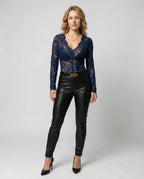 Women Lace Bodysuit Long Sleeve V-Neck